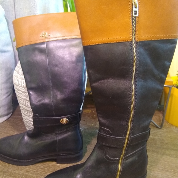 Coach Eva riding boots black & tan leather size 7B - Picture 3 of 7